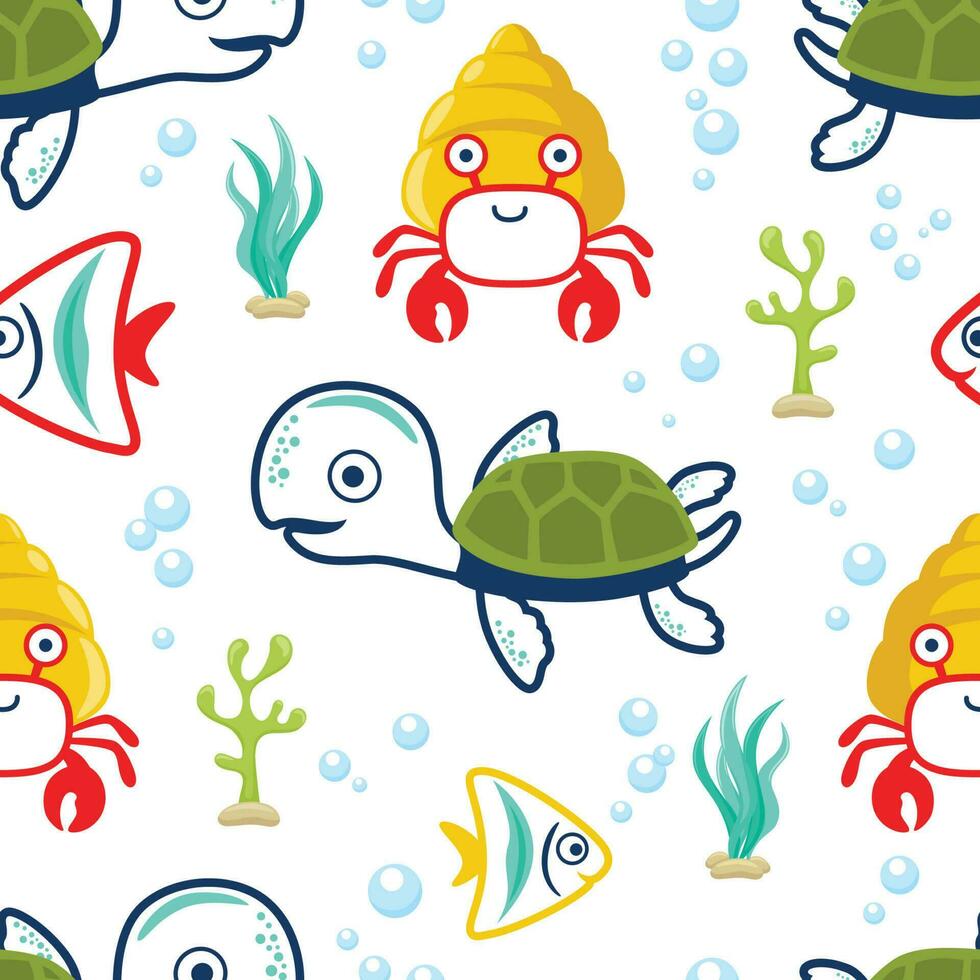 Seamless pattern vector of marine animals cartoon. Turtle with fish and hermit crab