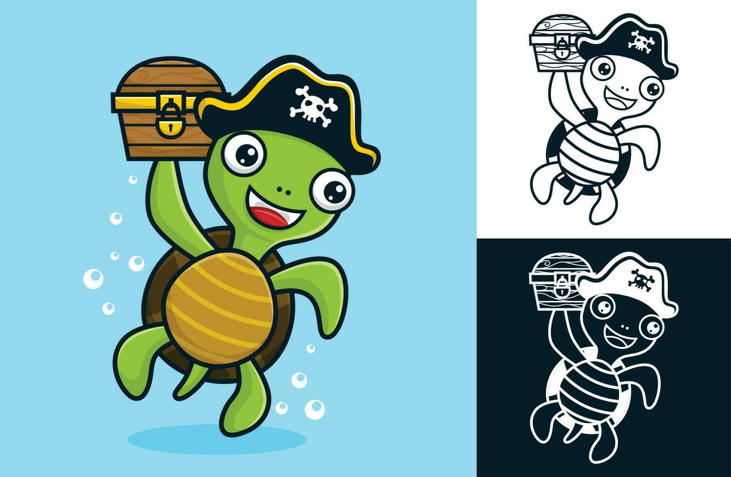 Nice turtle wearing pirate hat holding treasure chest. Vector cartoon illustration in flat icon style