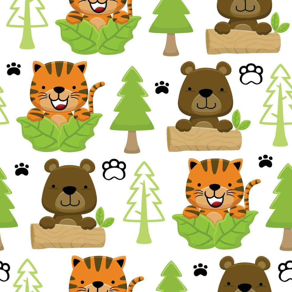 Seamless pattern vector of cartoon tiger with bear playing hide and seek in jungle