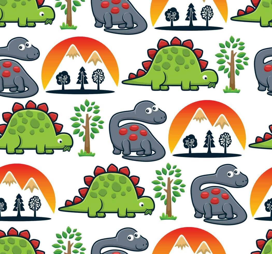 Seamless pattern vector of cartoon funny dinosaurs with trees and volcanoes