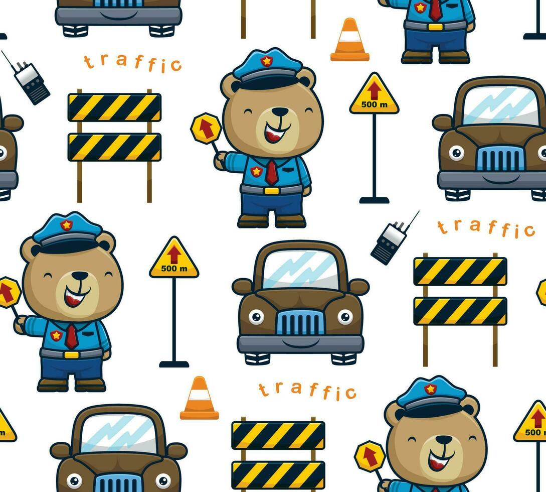 Seamless pattern vector of cute bear cartoon in policeman uniform, smiling car with traffic elements