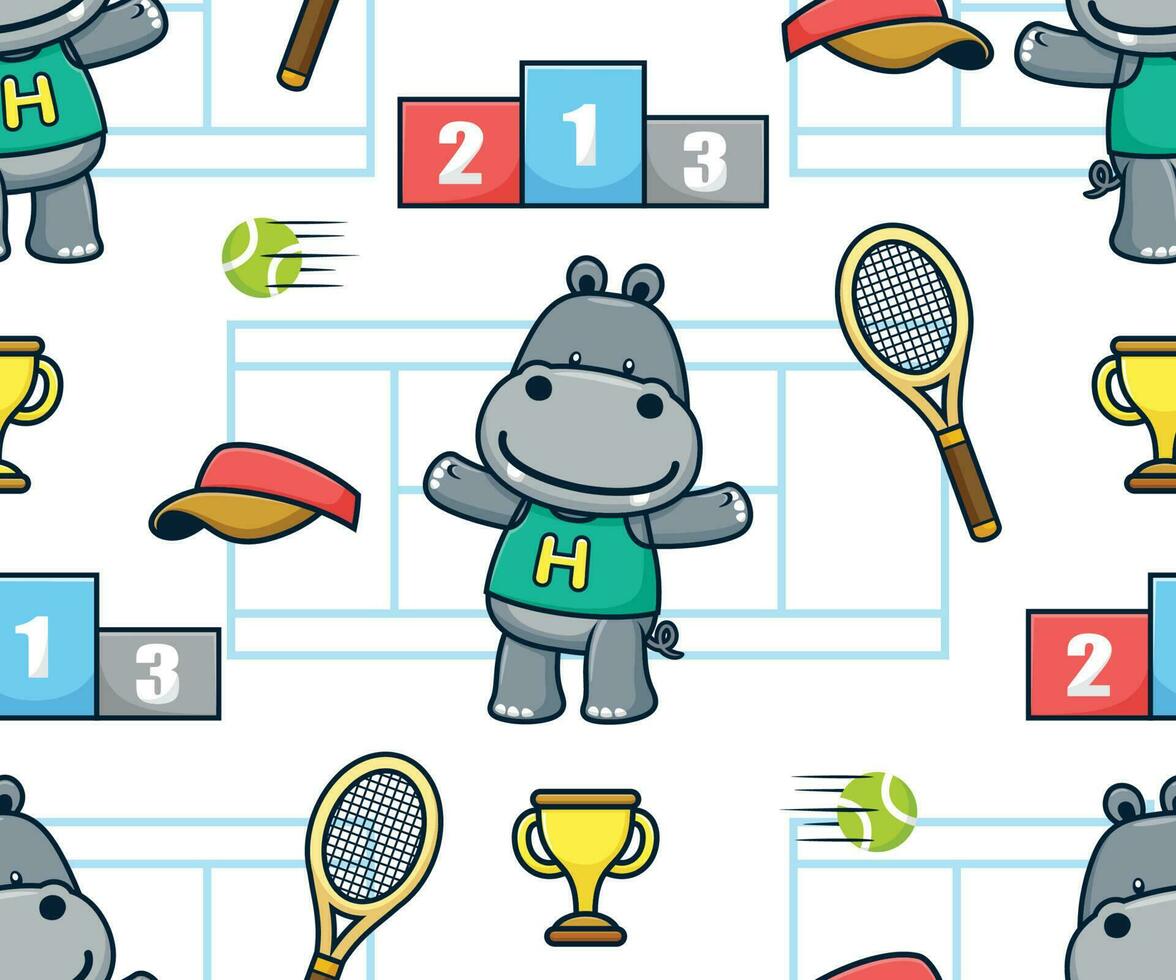 Seamless pattern vector of funny hippo cartoon with court tennis sport elements