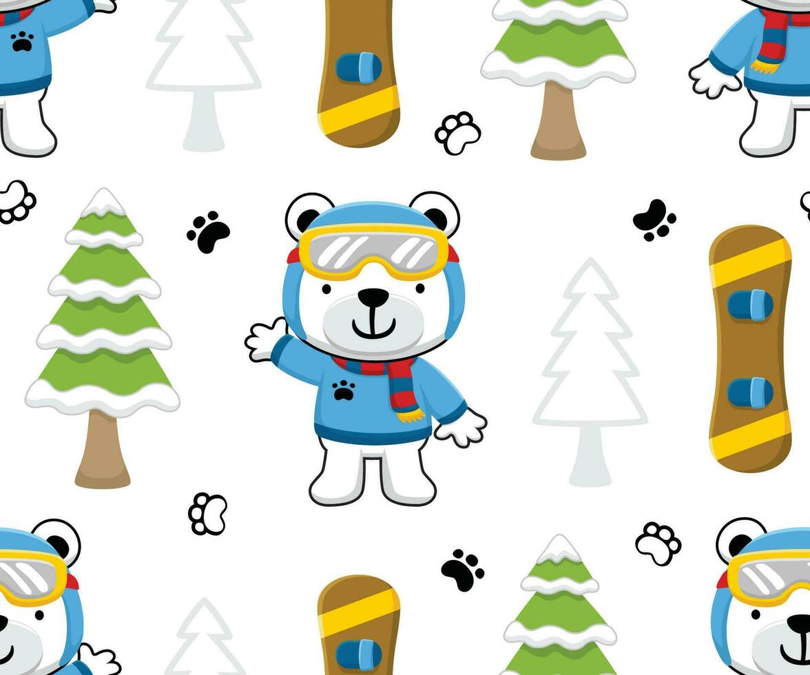 Seamless pattern vector of cartoon funny bear in winter coat costume, snowboard sport elements