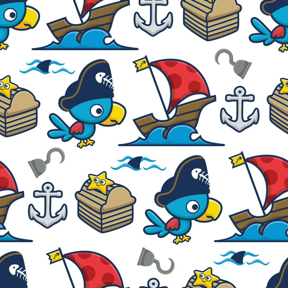Seamless pattern vector of cute bird in pirate costume with pirate sailing elements cartoon