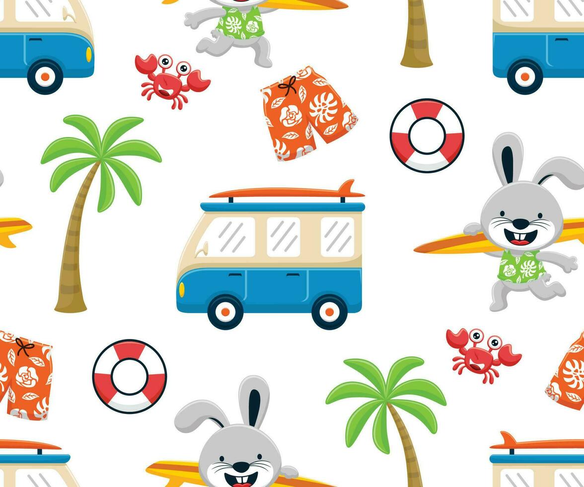 Seamless pattern vector of beach vacation elements with funny rabbit carrying surfboard and crab