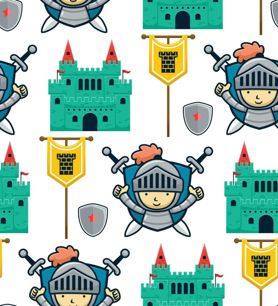 Seamless pattern vector of cartoon knight with fairytale elements