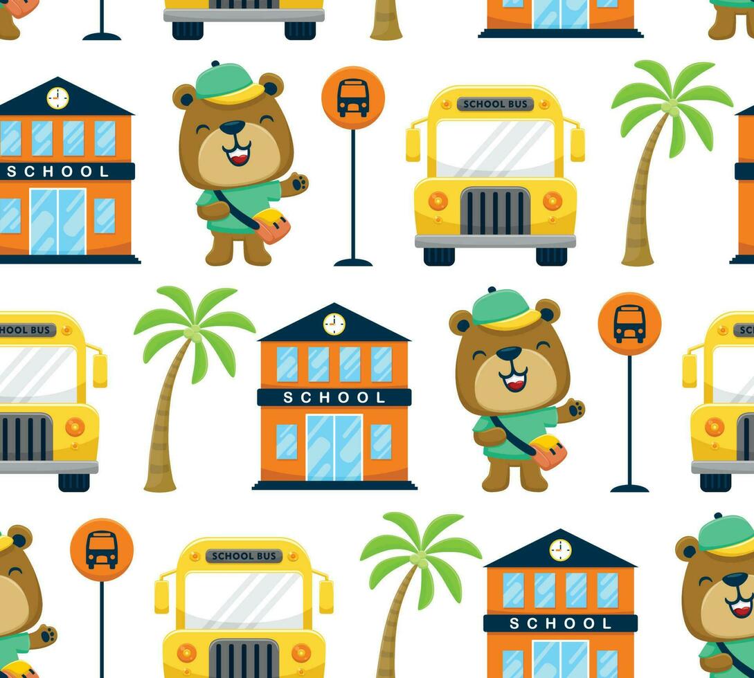 Seamless pattern vector of school elements cartoon with funny bear