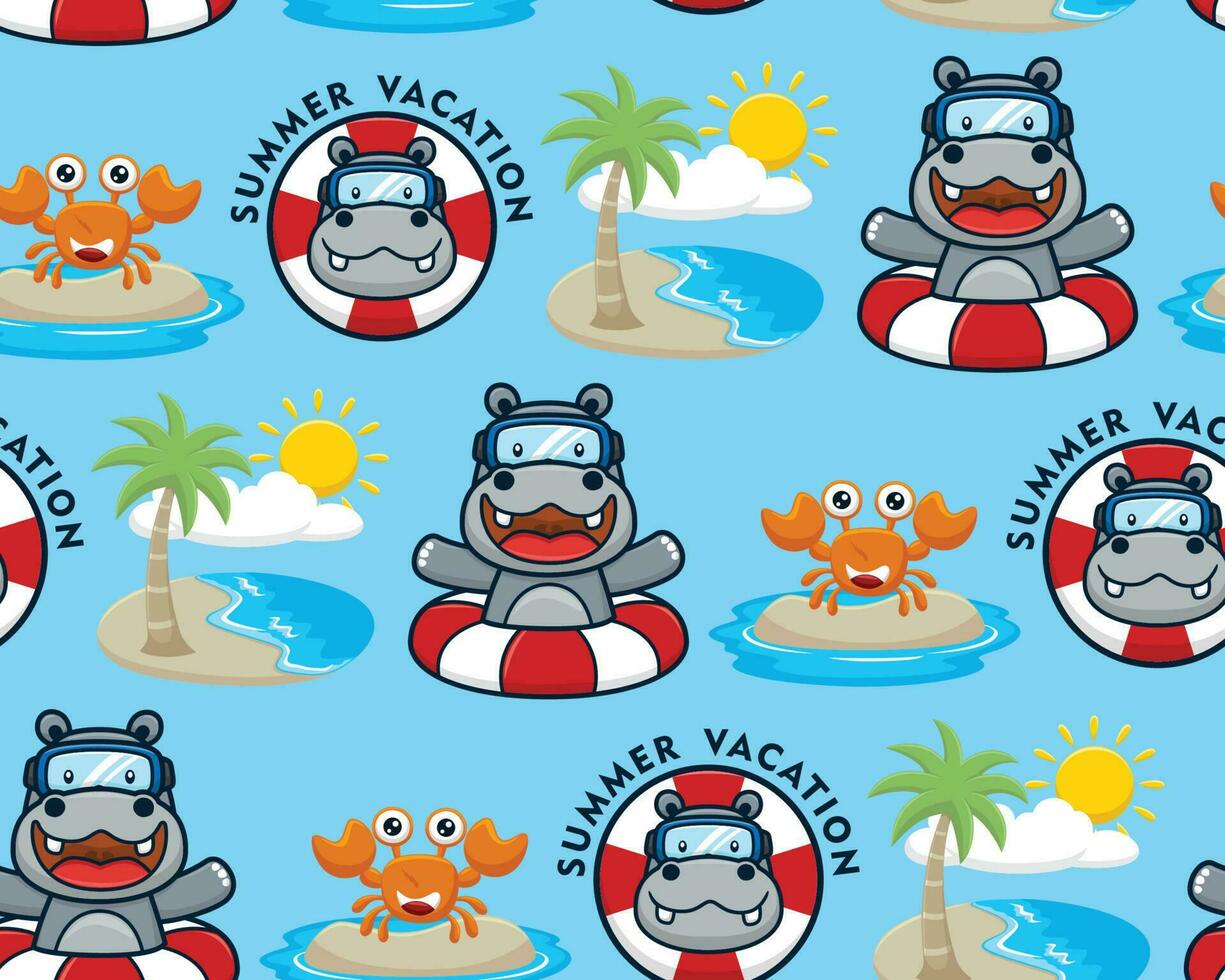 Seamless pattern vector of cartoon hippo wearing diving goggles on buoy, funny crab with summer beach holiday elements