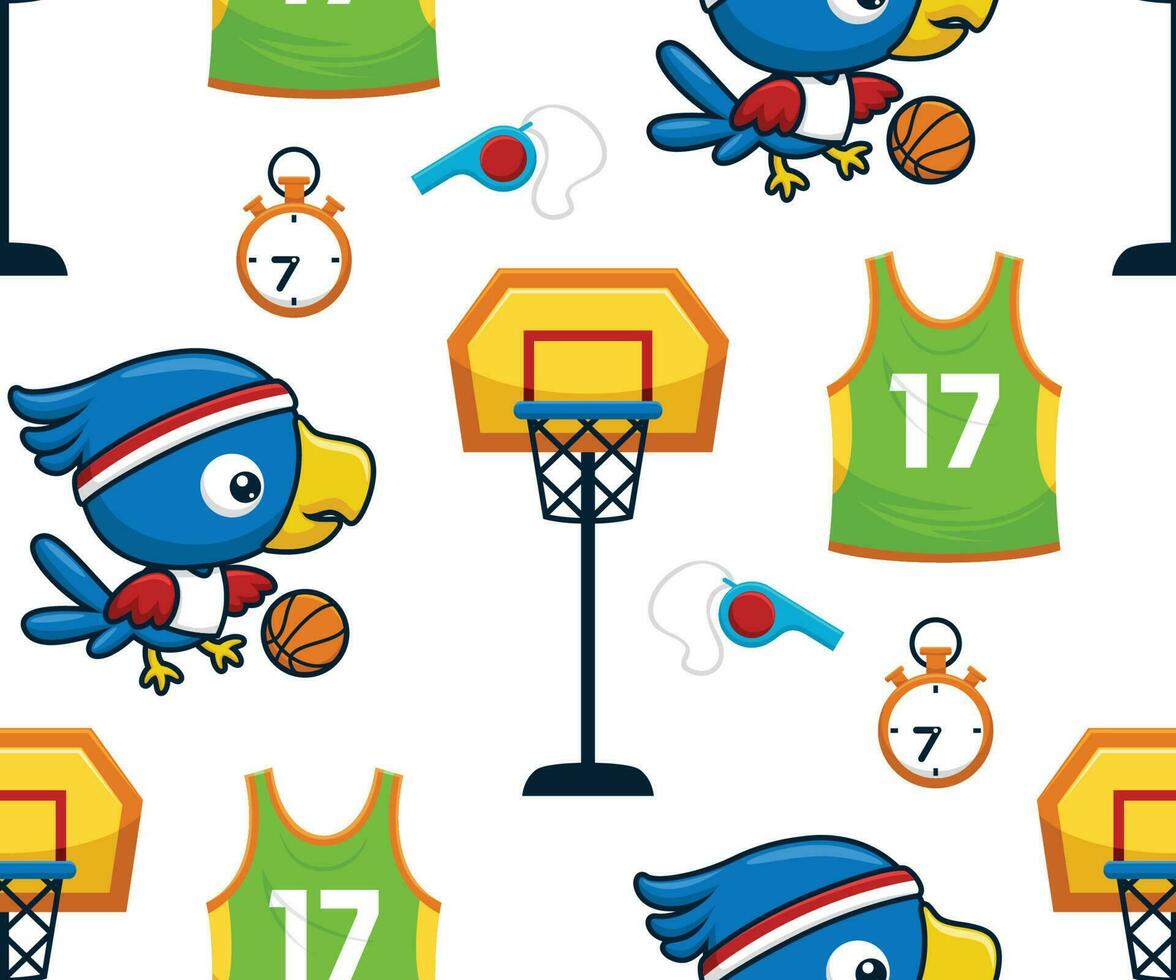 Seamless pattern vector of funny bird cartoon playing basketball with basketball elements