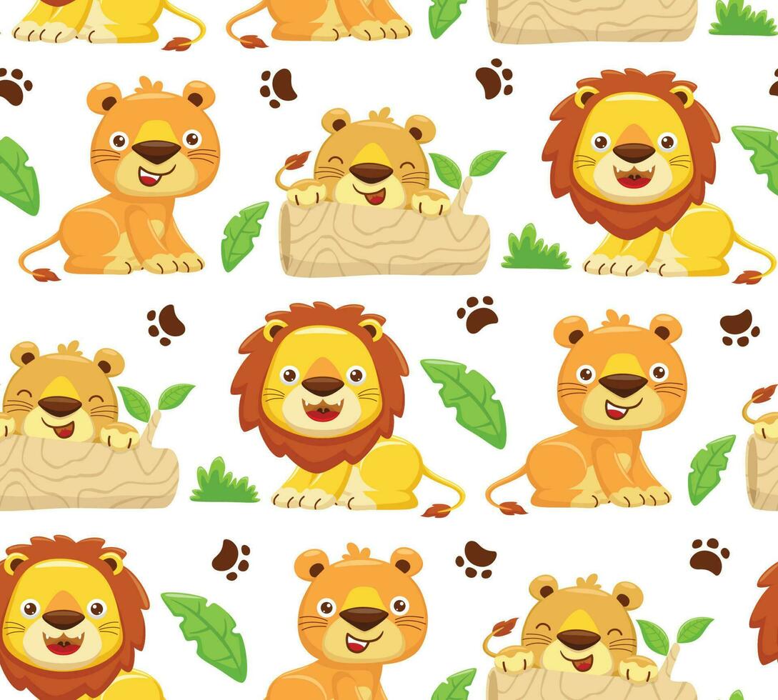 Seamless pattern vector of cartoon lion family, jungle elements illustration