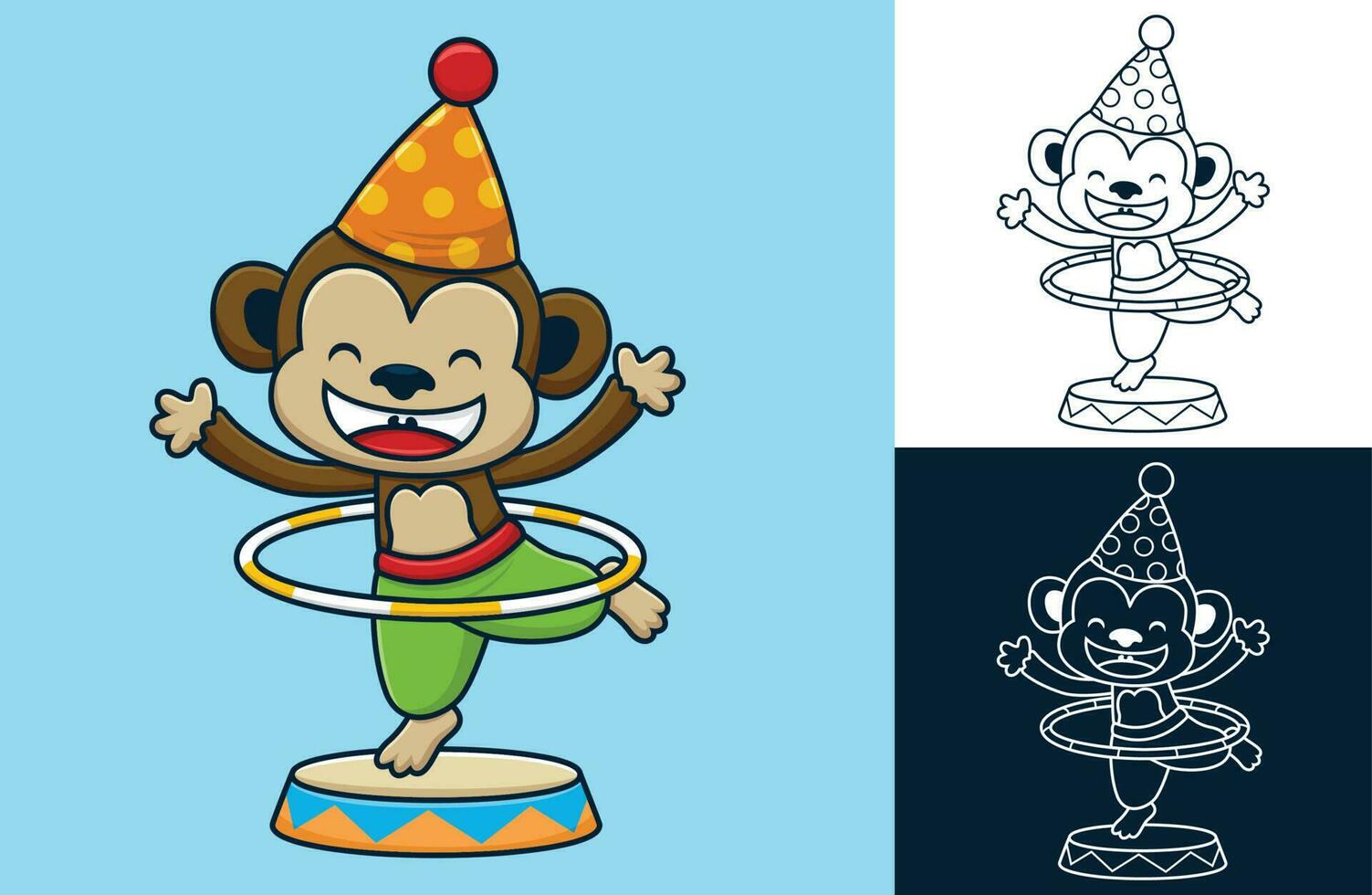 Funny monkey playing hula hoop on stage. Vector cartoon illustration in flat icon style