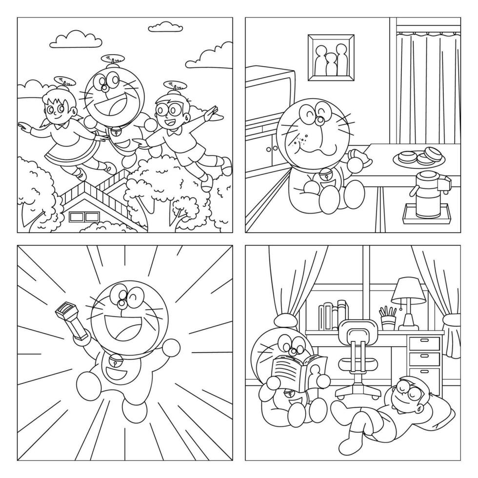Robot Cat and Friends Coloring Pages Template vector