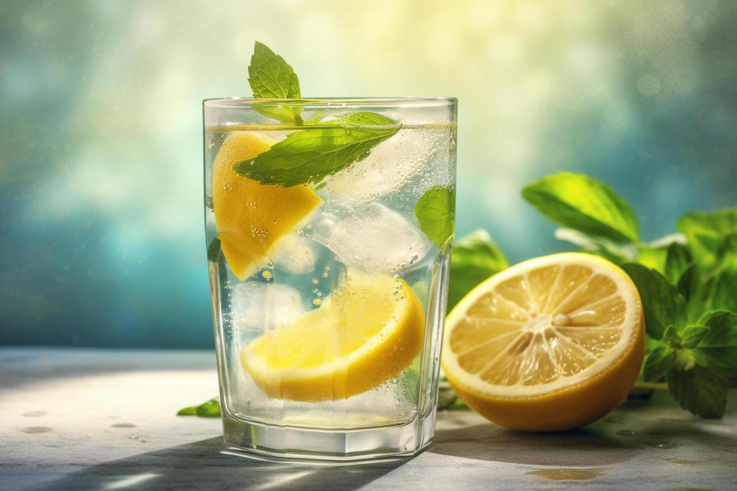 Mojito cocktail with lemon, mint and ice on light background photo