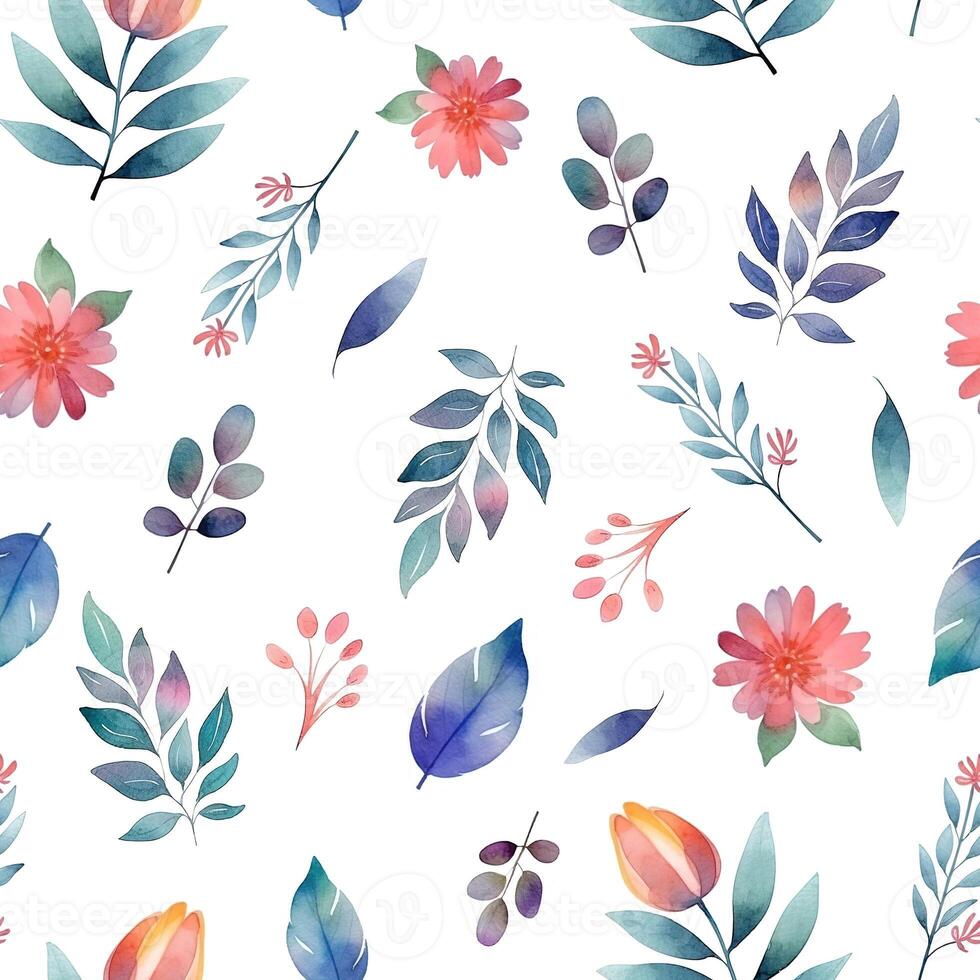 Seamless pattern with beautiful watercolor leaves and flowers. , photo