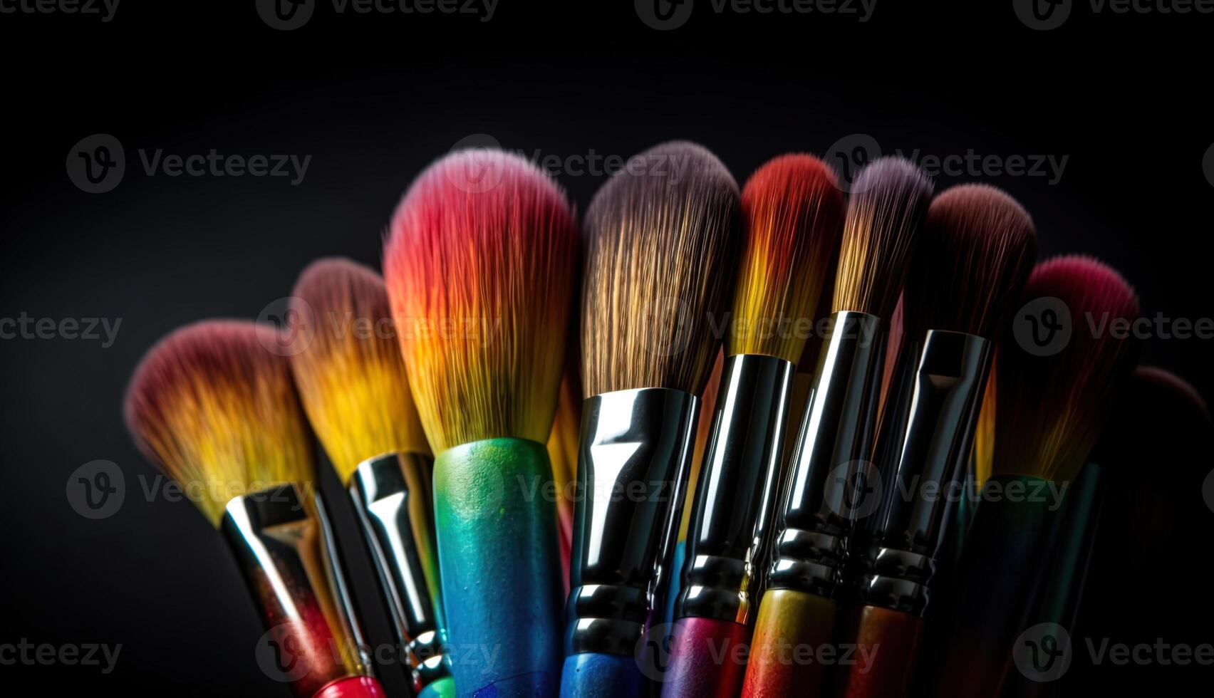 Set of different colored makeup brushes in a dark background. . photo