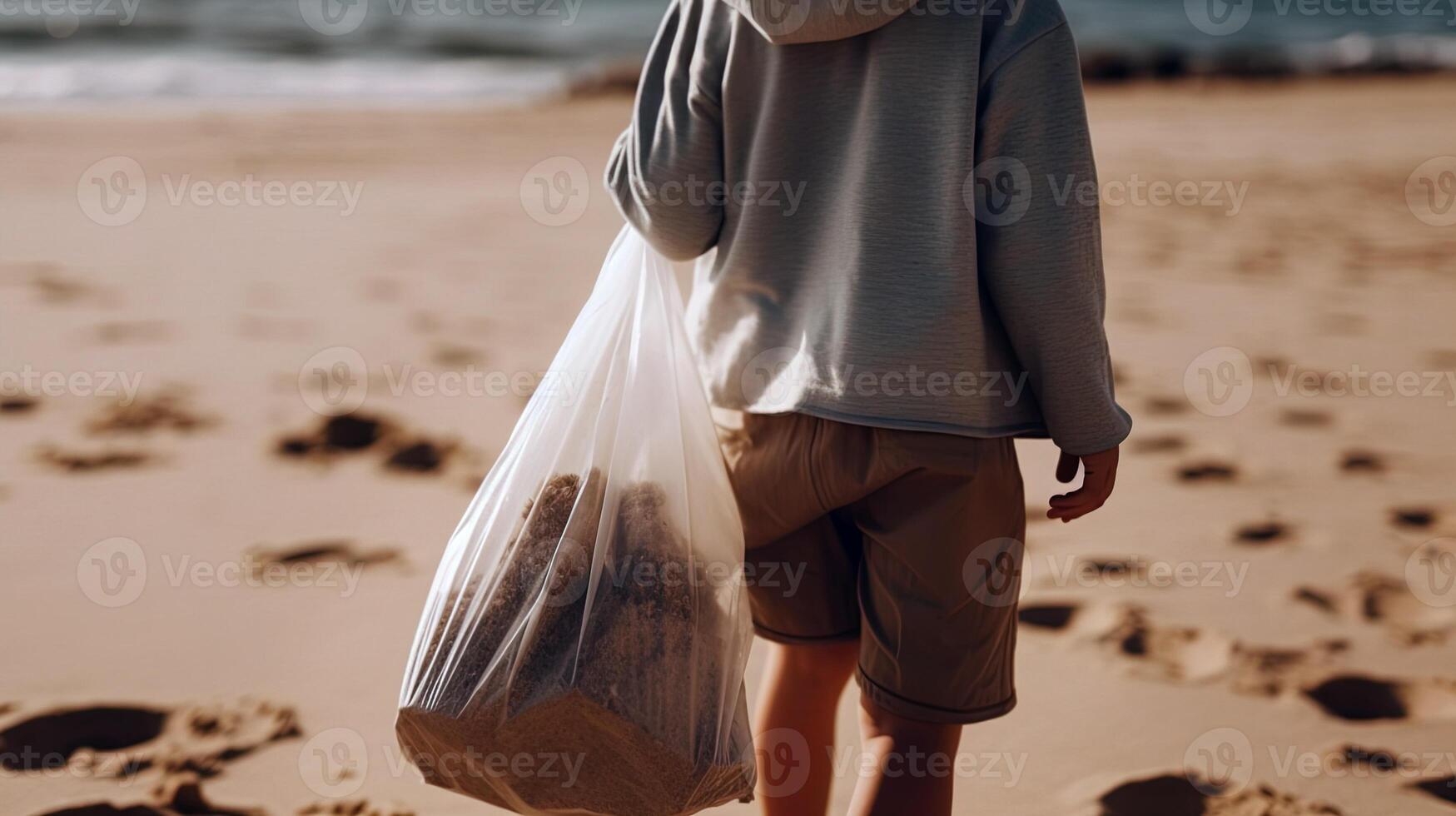Back view on a child on a beach holding a bag of garbage. . photo