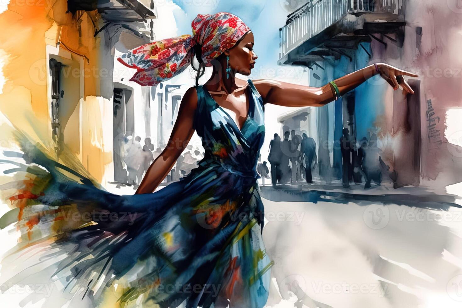 Watercolor image of a beautiful cuban woman dancing on a street. . photo