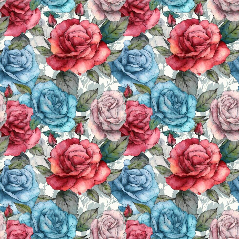 Blue and red roses seamless pattern in watercolor. . photo