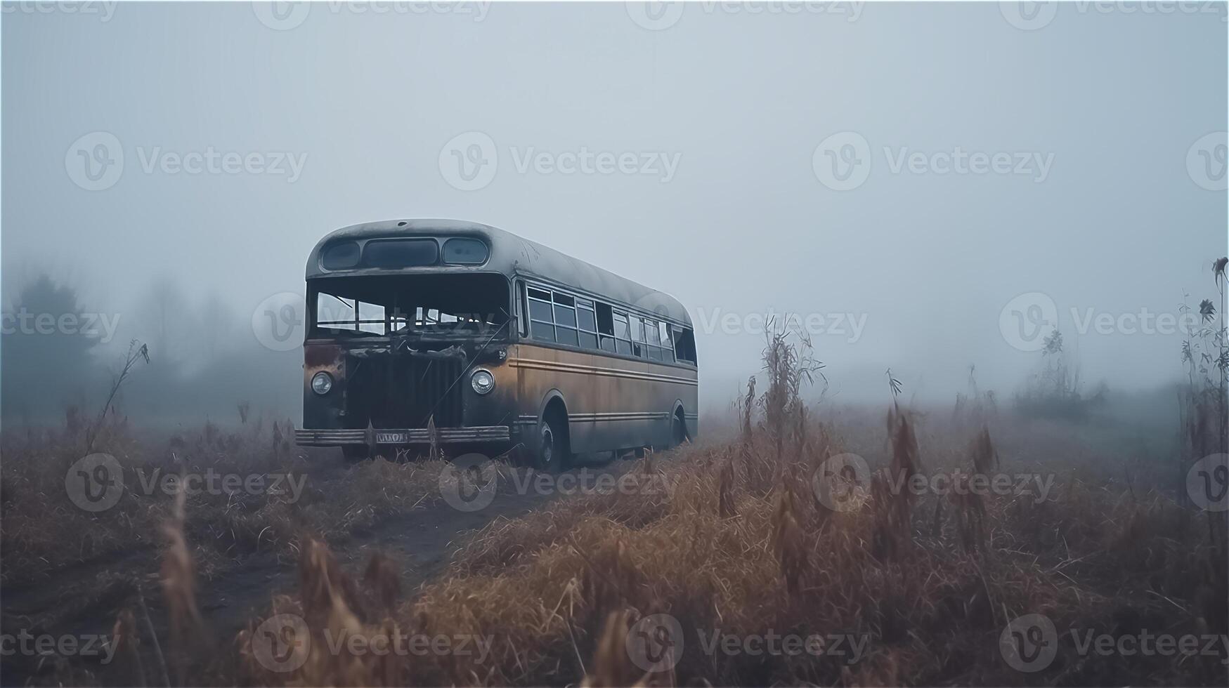 empty burnt bus on the road in a field in the fog. . photo