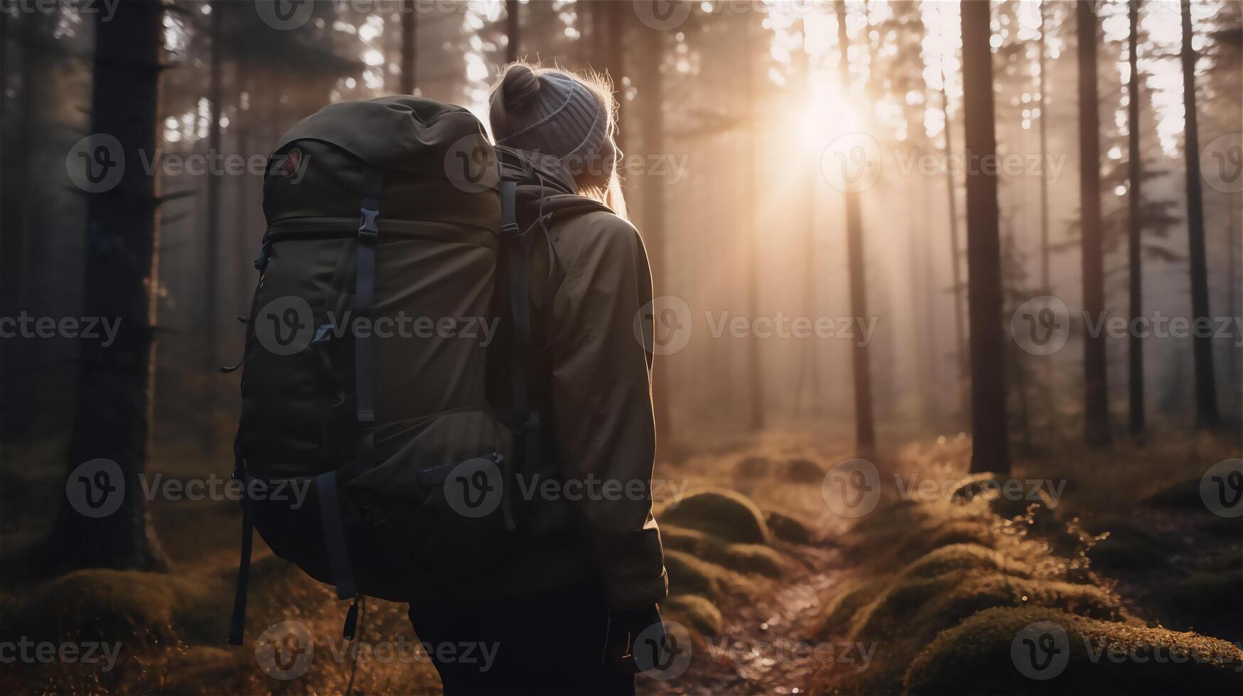 Traveler with a backpack in the forest on a foggy morning. . photo