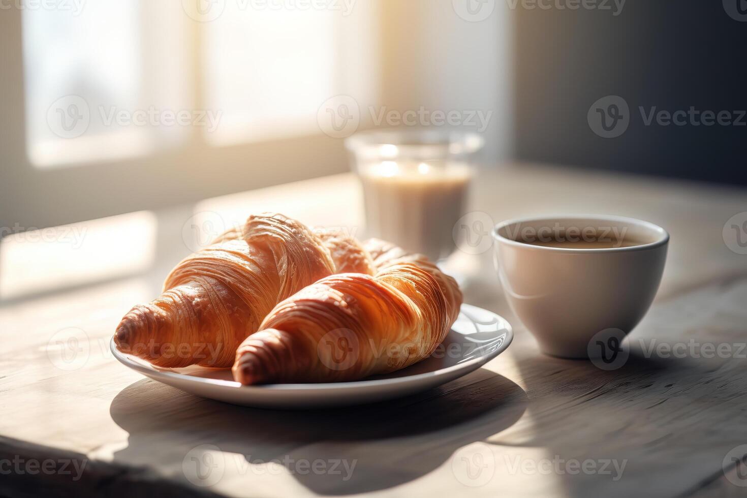 Coffee and croissants on a table in a morning. . photo