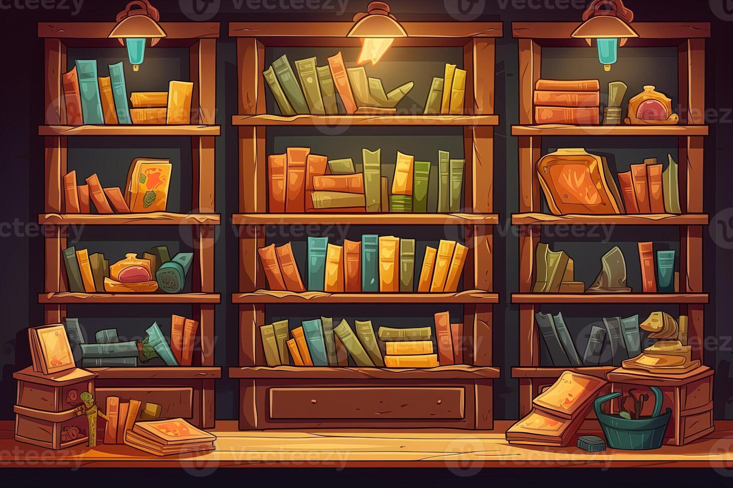 Bookshelf background in mobile games cartoon style. . photo