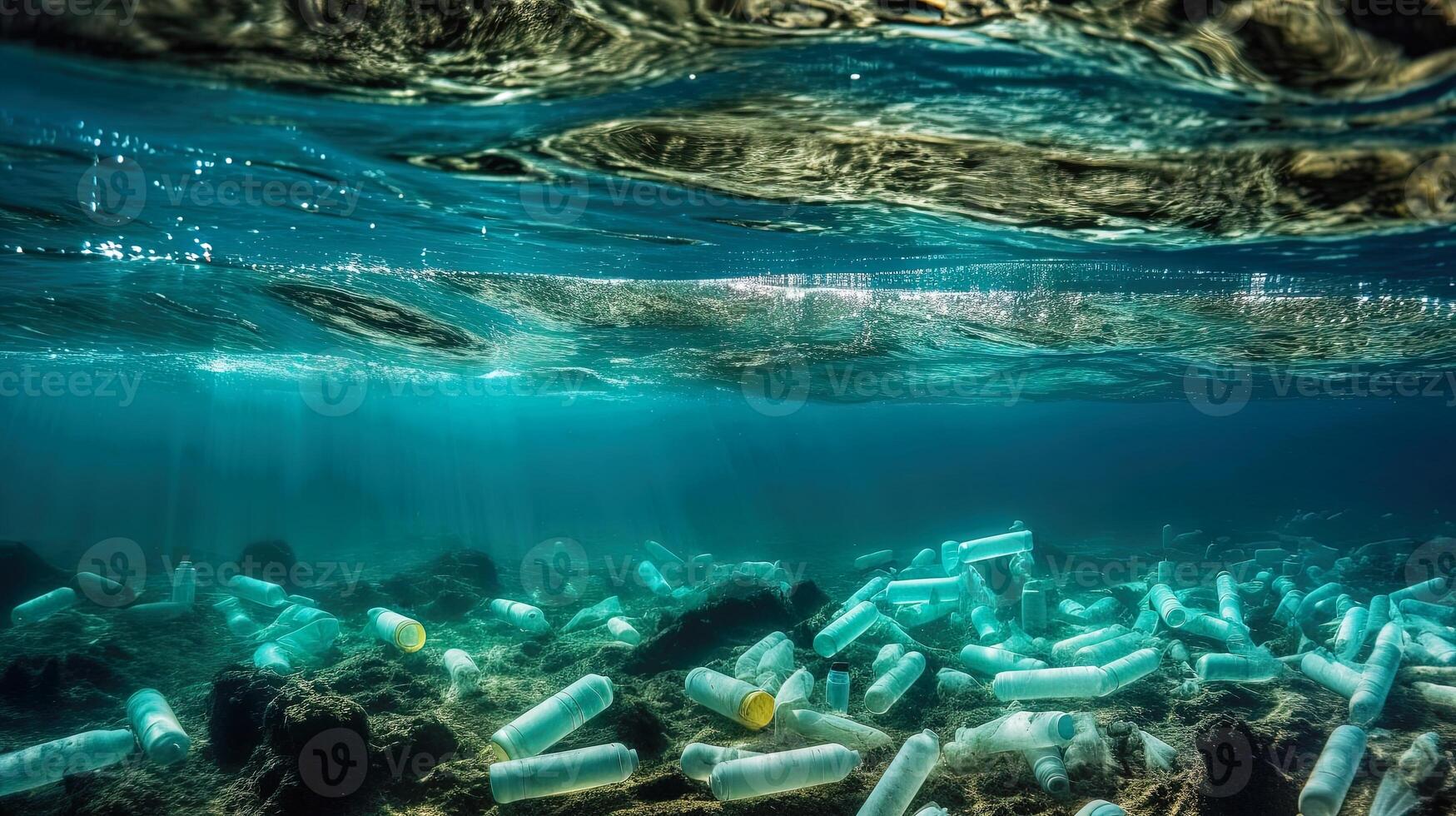 Underwater view of a PET bottles on the seabed. . photo