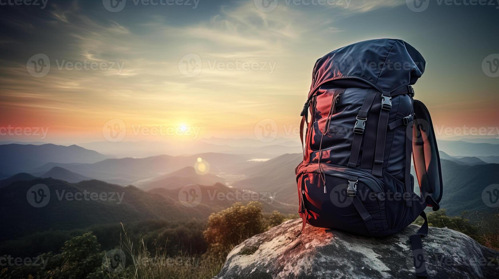 Backpack on a stone on a beautiful mountain landscape background. . photo