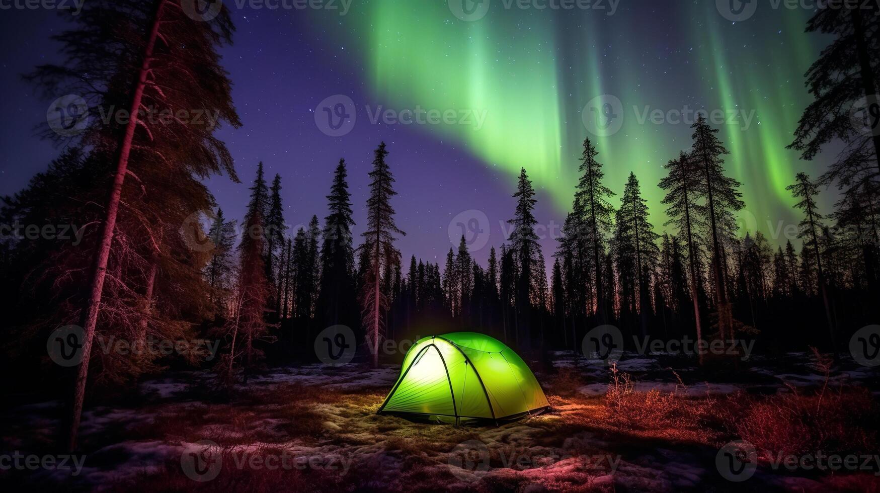 Glowing tent in a clearing in the forest under the northern lights. . photo