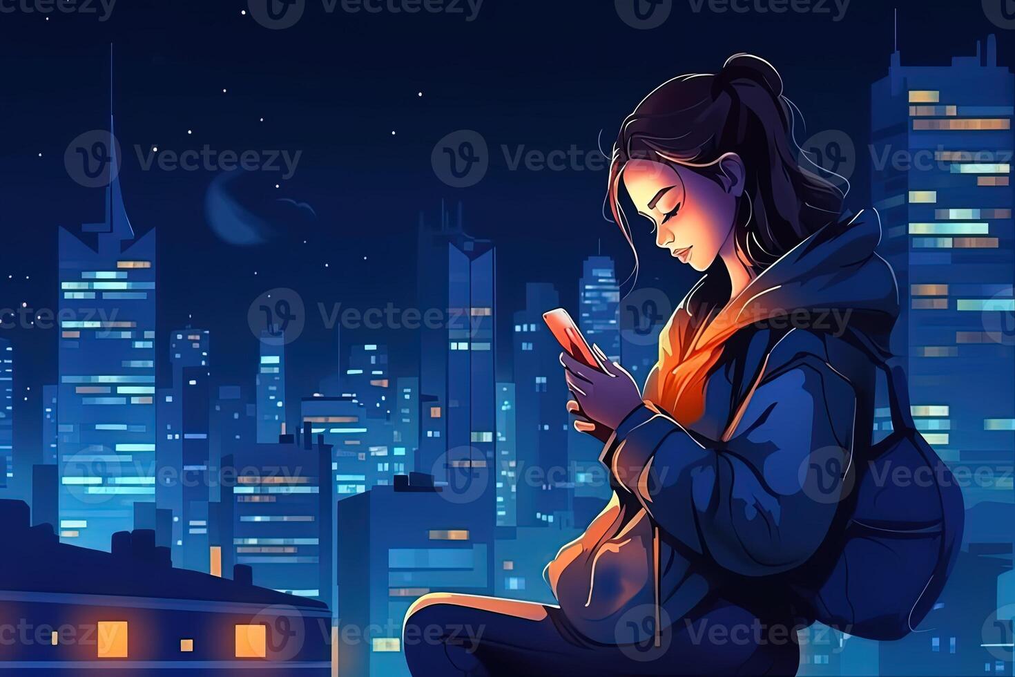 Young girl with backpack looking at a phone on a city night background. Cartoon style. . photo