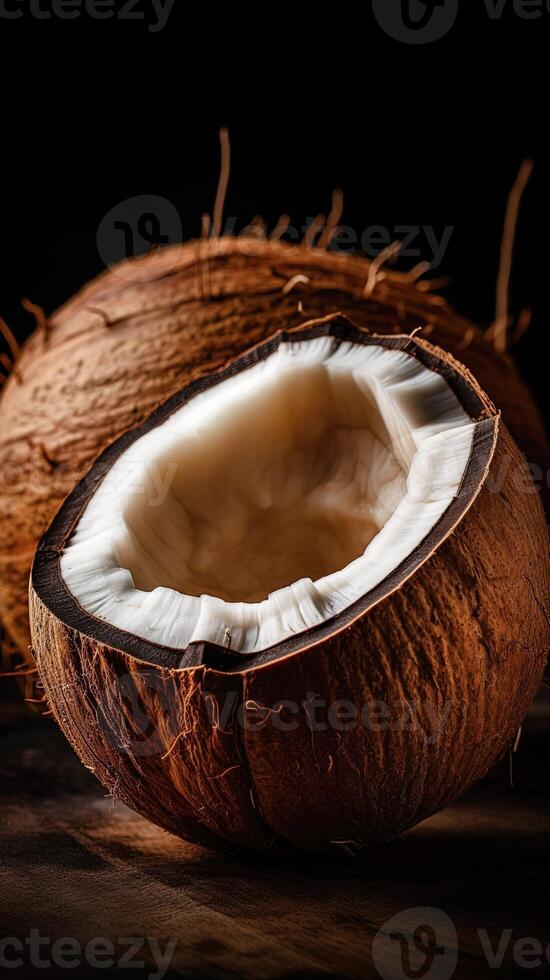 Vertical close up of a cracked coconut. . photo