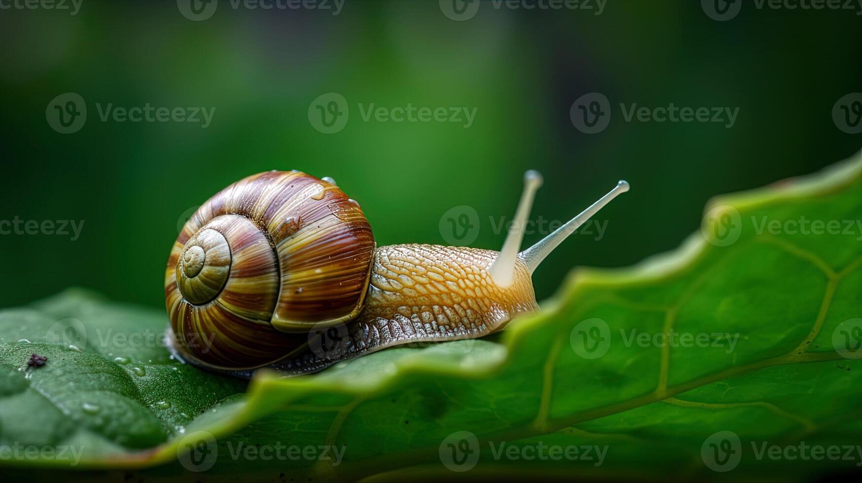 Close up of a snail on a plant leaf. . photo