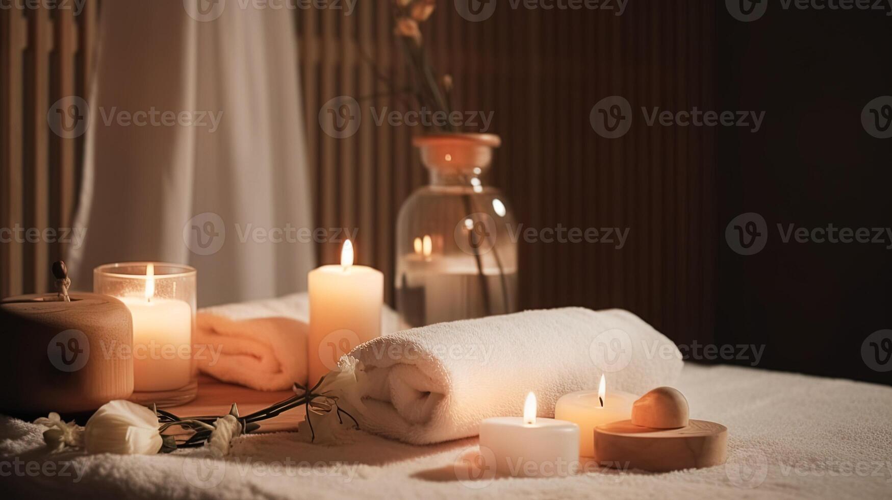 A towel surrounded by candles in a dark room. . photo