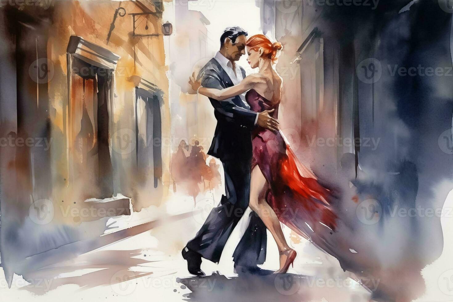 watercolor painting a man and a woman in a red dress dancing together on a quiet street photo