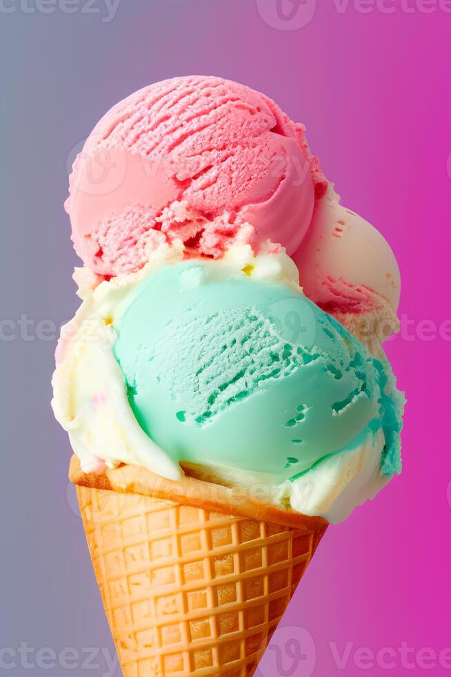 Strawberry, creamy, blue ice cream in a waffle cone close-up. photo