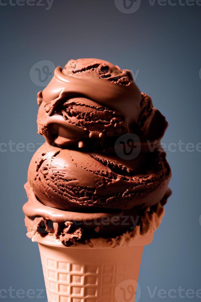 A chocolate ice cream cone with a dark background. photo