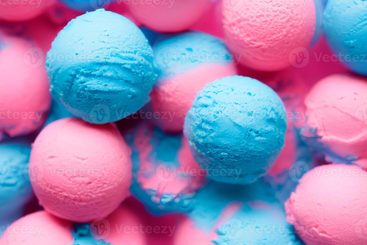 Bubble gum flavored ice cream in balls, background. AI Generated