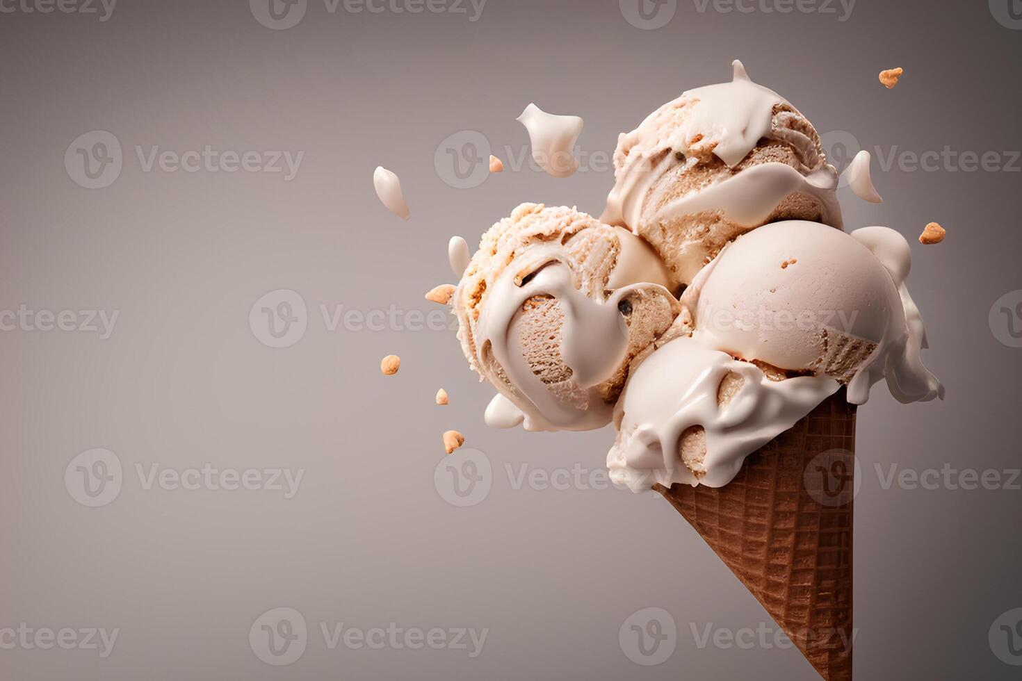 Creamy ice cream balls in waffle cone with peanuts, splash, levitation. photo