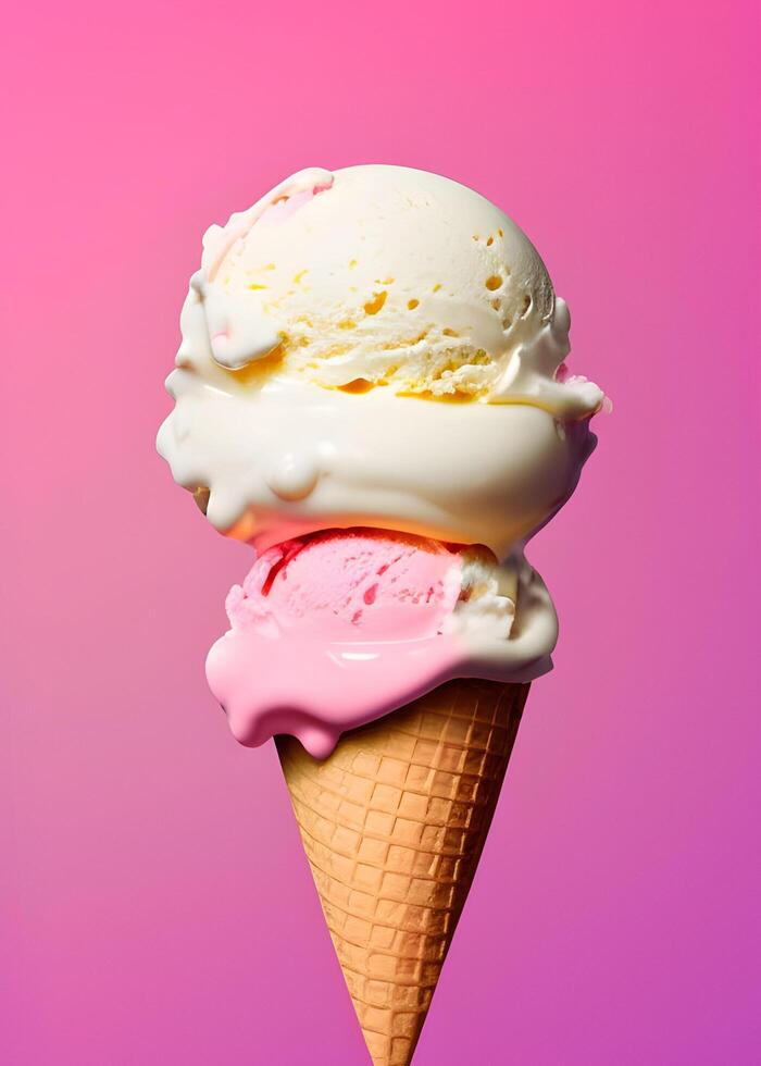 Vanilla ice cream in a cone on a pink background. photo