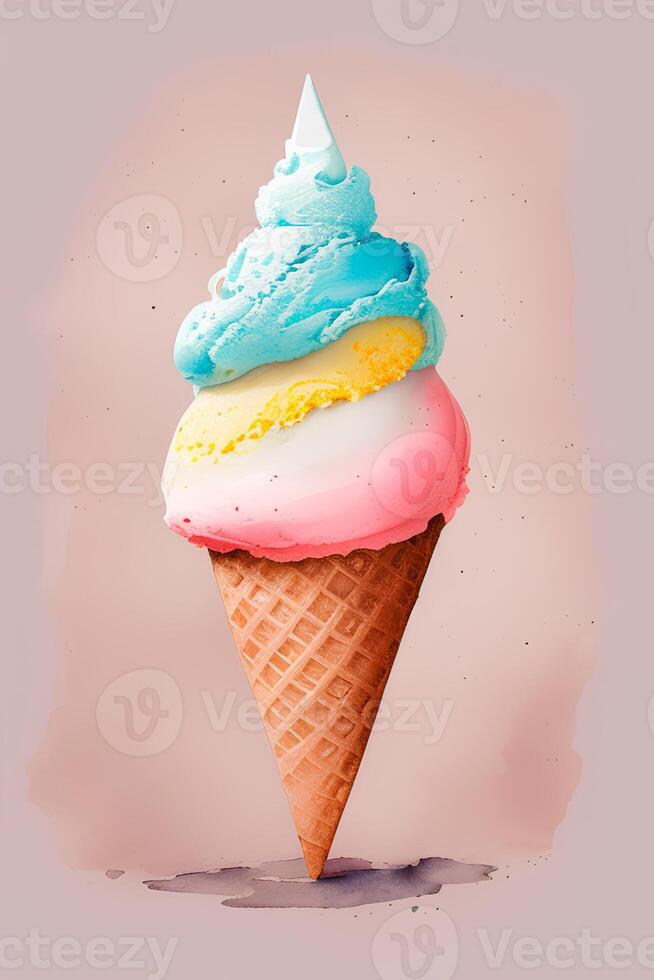 Ice cream cone, watercolor drawing. photo
