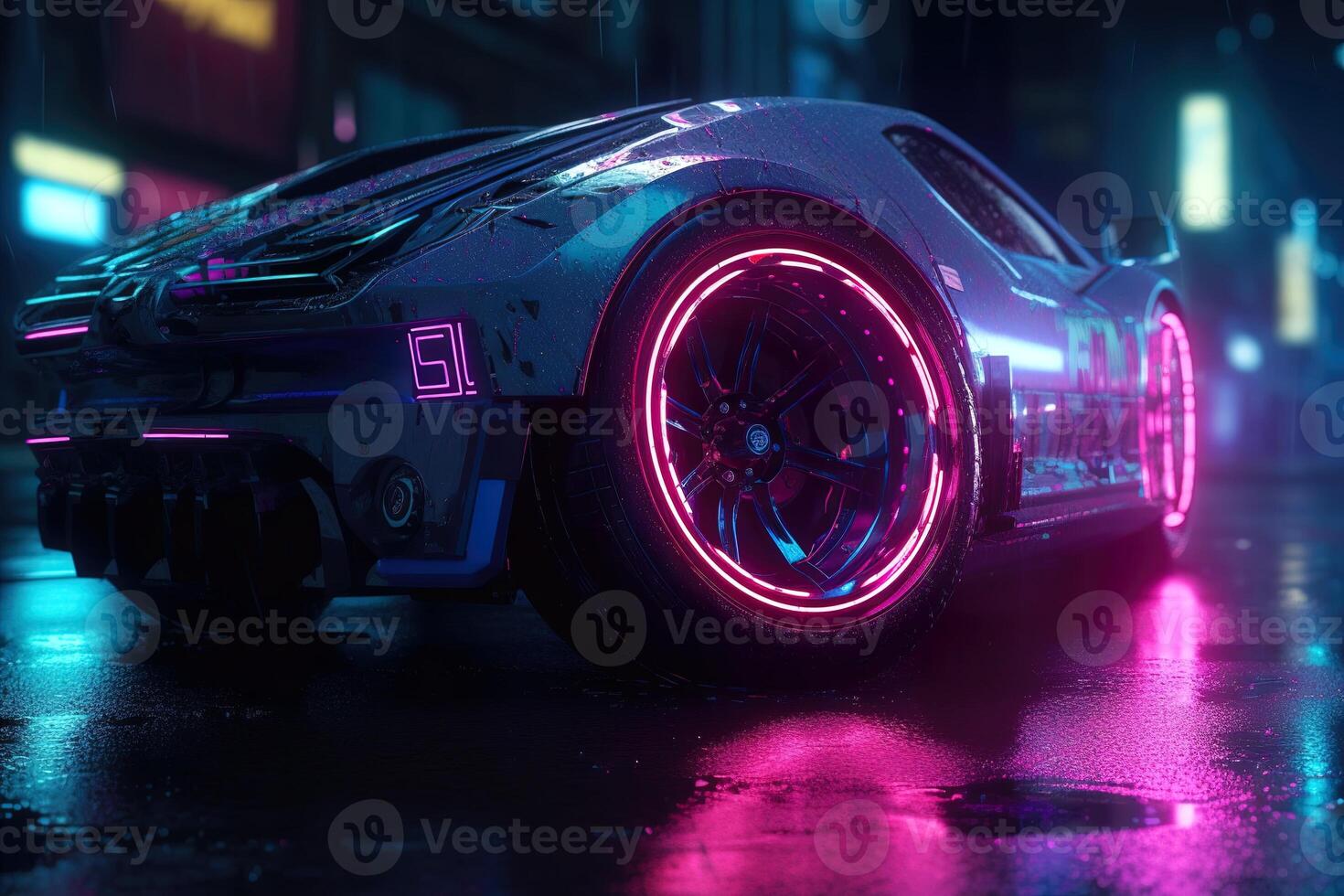 Futuristic car with neon wheels on a dark street. . photo