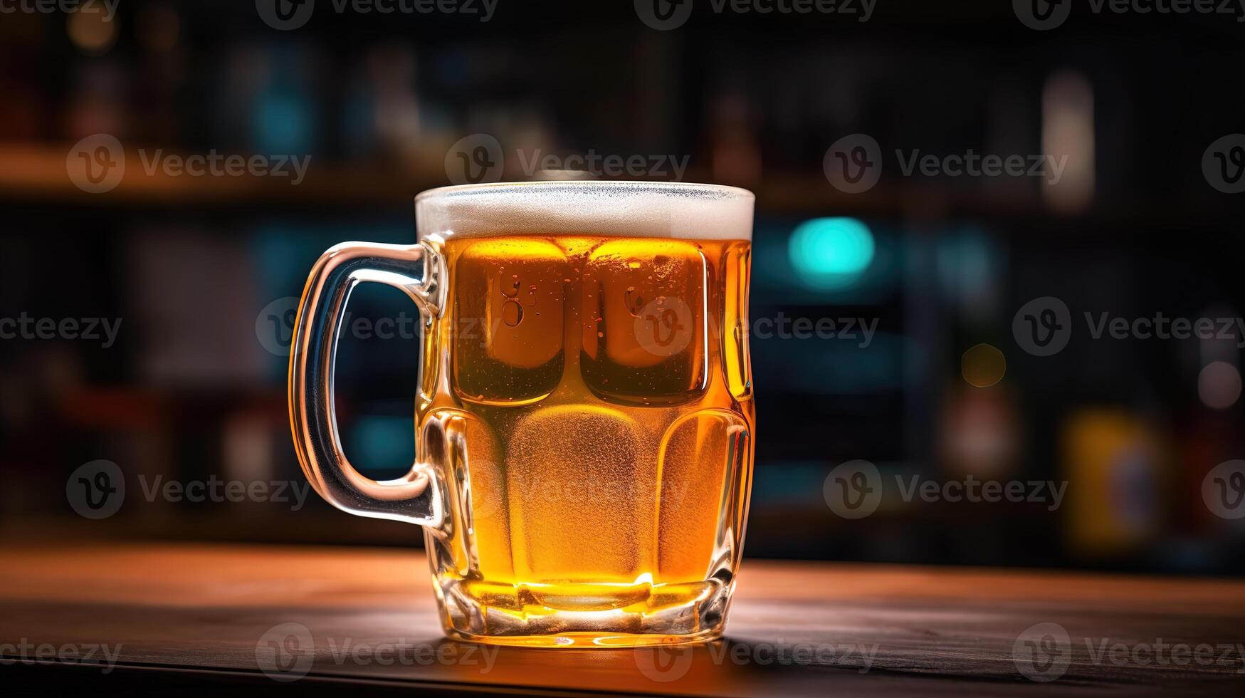 Big glass mug of beer on a wooden table in a bar. . photo