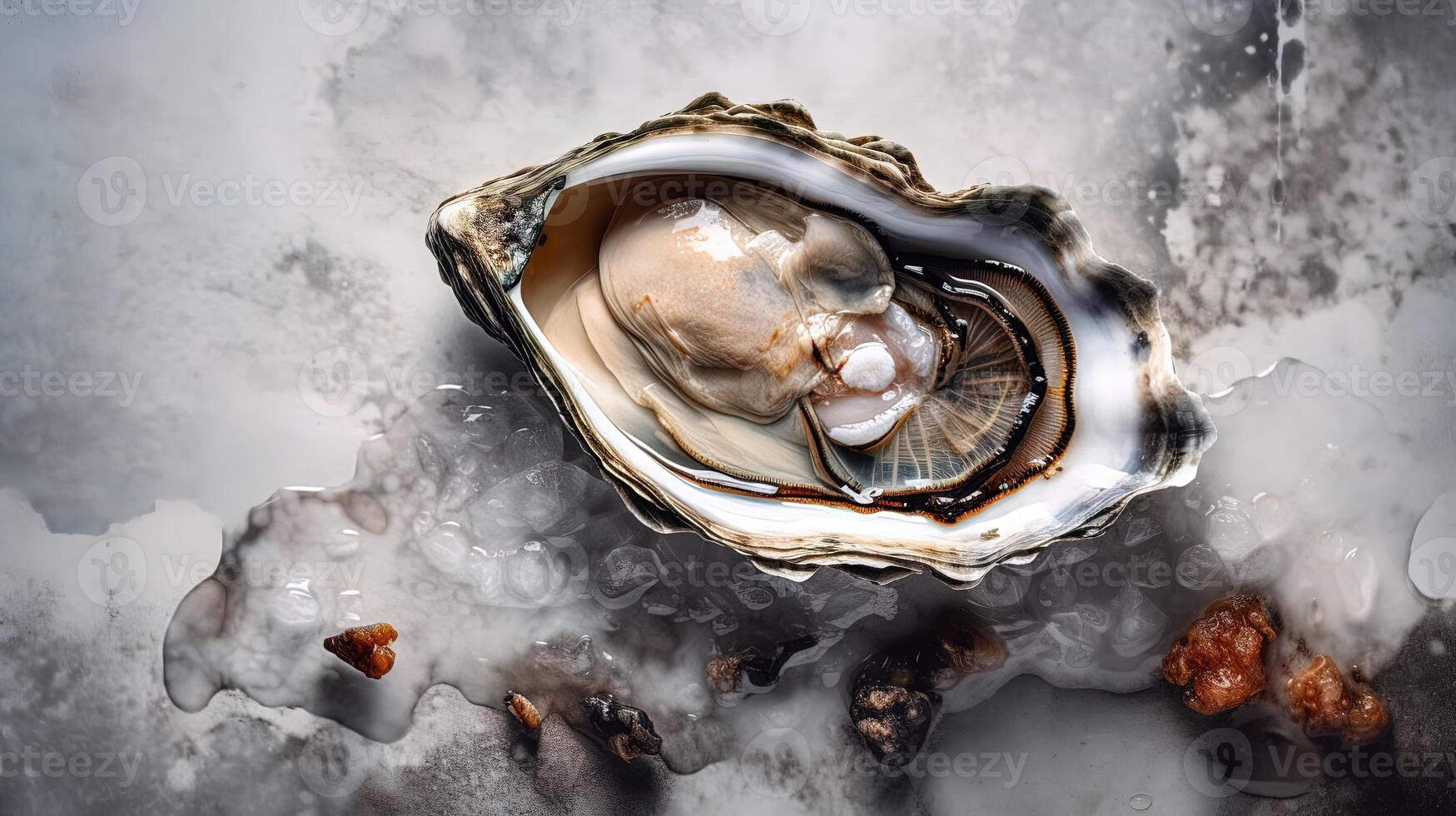 Oyster in half shell on marble surface. . photo