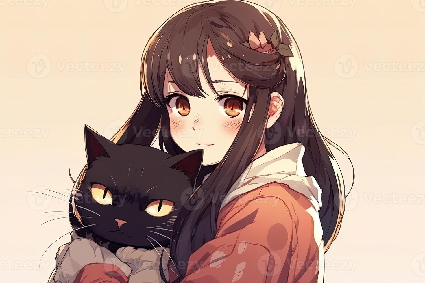 Serious girl with dark hair hugging a black cat in anime style. . photo