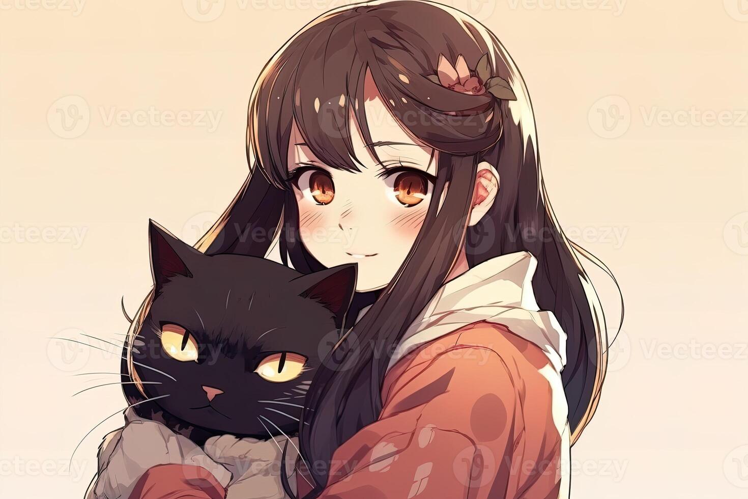 grave niña con oscuro pelo abrazando un negro gato en anime estilo. generado ai. foto