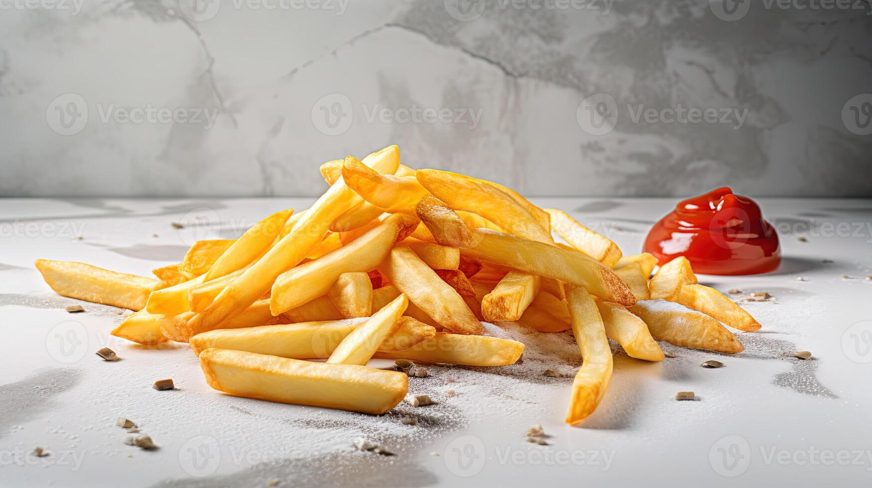 close up of fried french fries and ketchup on a light stone background. . photo