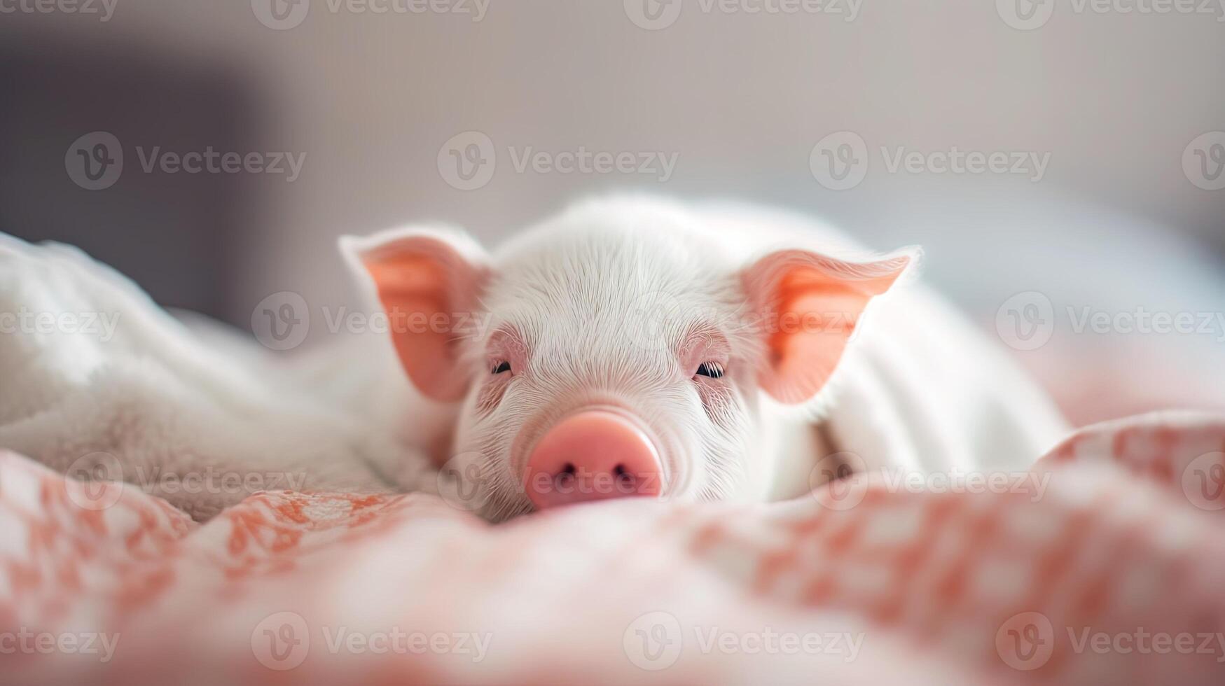 Cute little domestic white pig sleeping in a bed. . photo