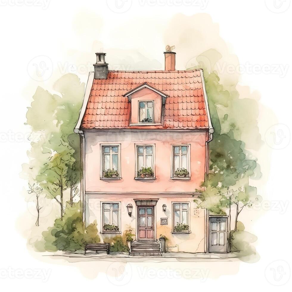 linda escandinavo casa. plano acuarela imagen en un pastel colores. generado ai. foto