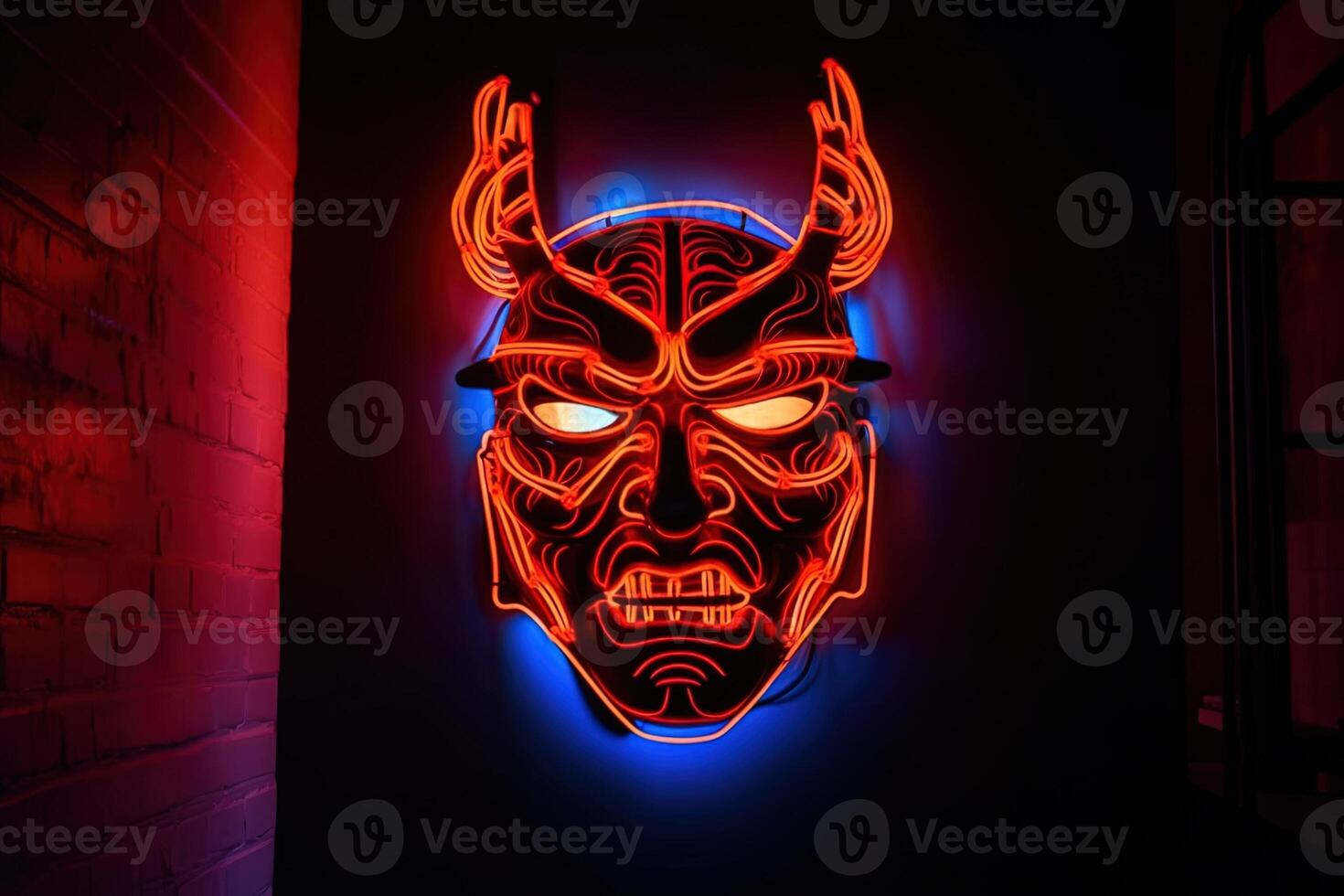 Neon traditional japanese demon mask. . photo