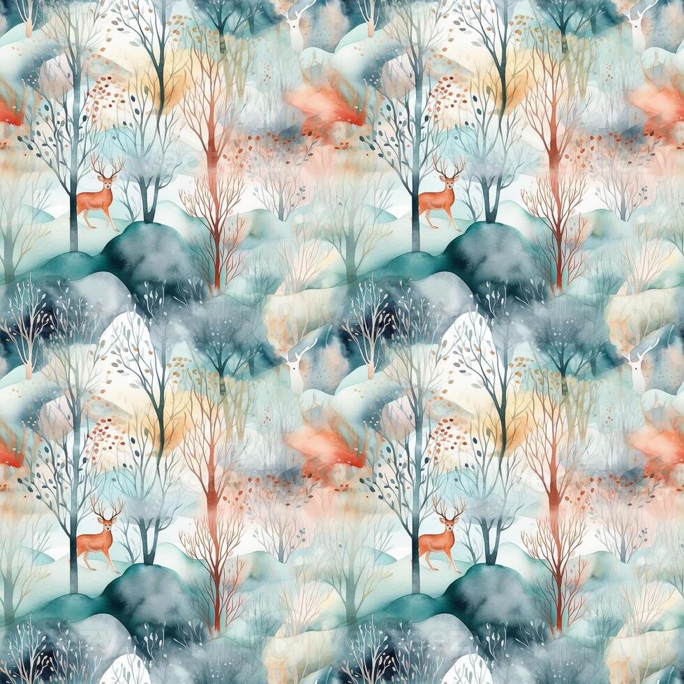 Winter forest abstract watercolor seamless pattern with deer. . photo